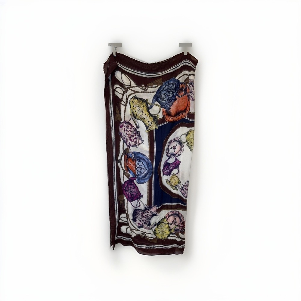 Talbots Tea Time Scarf Women  Brown Blue Teapot Teacup Print Cotton Silk‎ 44x44"